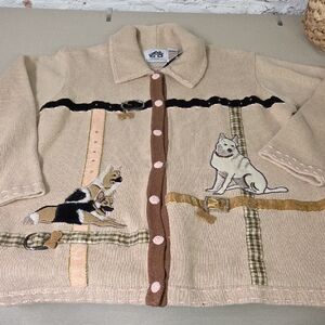 Storybook Knits Beige Cardigan with Embroidery NWT 1990s Dog Theme